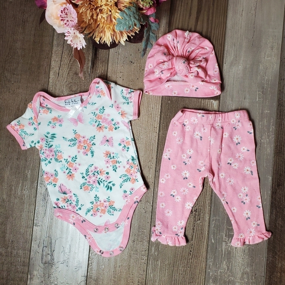 Nicole Miller New York Pink Floral Matching Baby Girl Outfit 3 Piece 3-6M NWOT